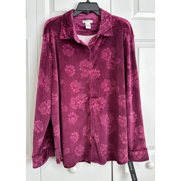 HASTING & SMITH WOMENS TOP 2X VELVET PINK FLORAL BUTTON UP LONG SLEEVE COLLARED - Picture 2 of 7